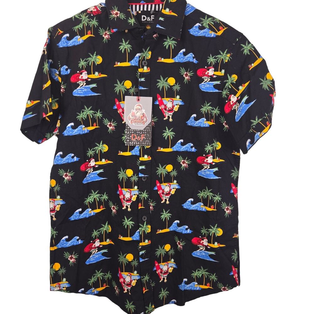Denim & Flower Men's S Christmas Tropical Santa Graphic Button Down Shirt Black